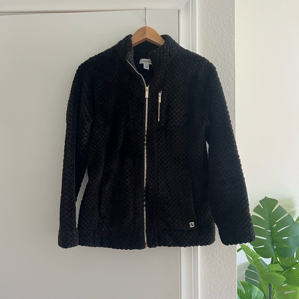 Calvin Klein Women's Black Quilted Jacket Ultra Soft Fuzzy Zip Up Sweater